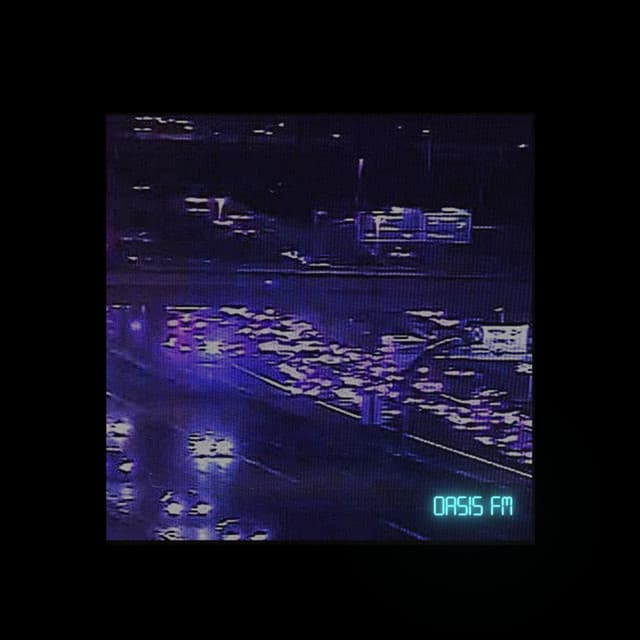Oasis FM cover art: a grainy, violet-tinted night view of a busy motorway, with the title in glowing teal letters
