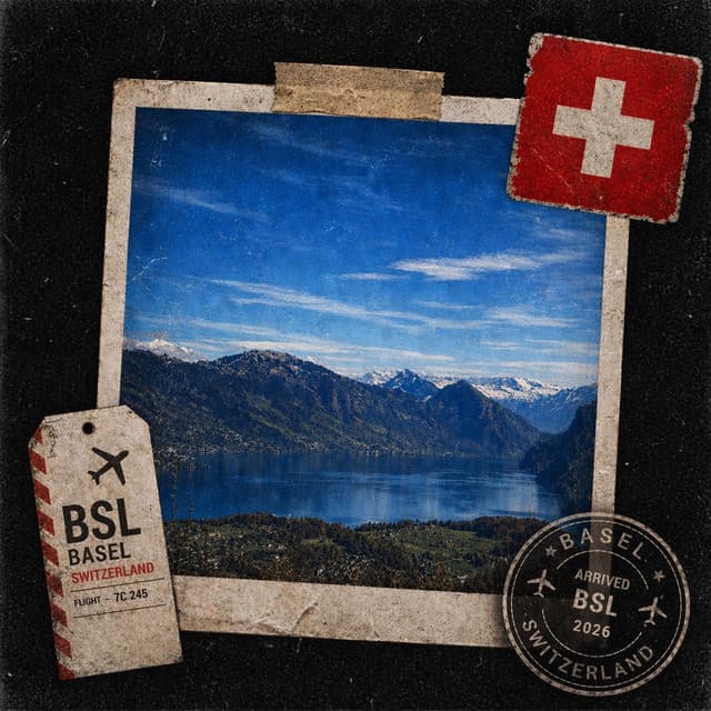 Switzerland cover art: an instant photo of a mountain lake, with a Swiss flag sticker and a Basel luggage tag